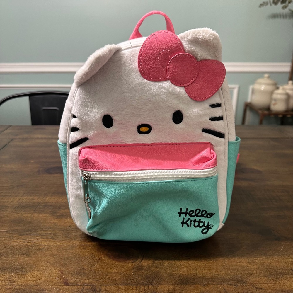 Hello Kitty Sanrio Mini‎ Backpack Plush Faux Fur Teal Pink White Bow Bag